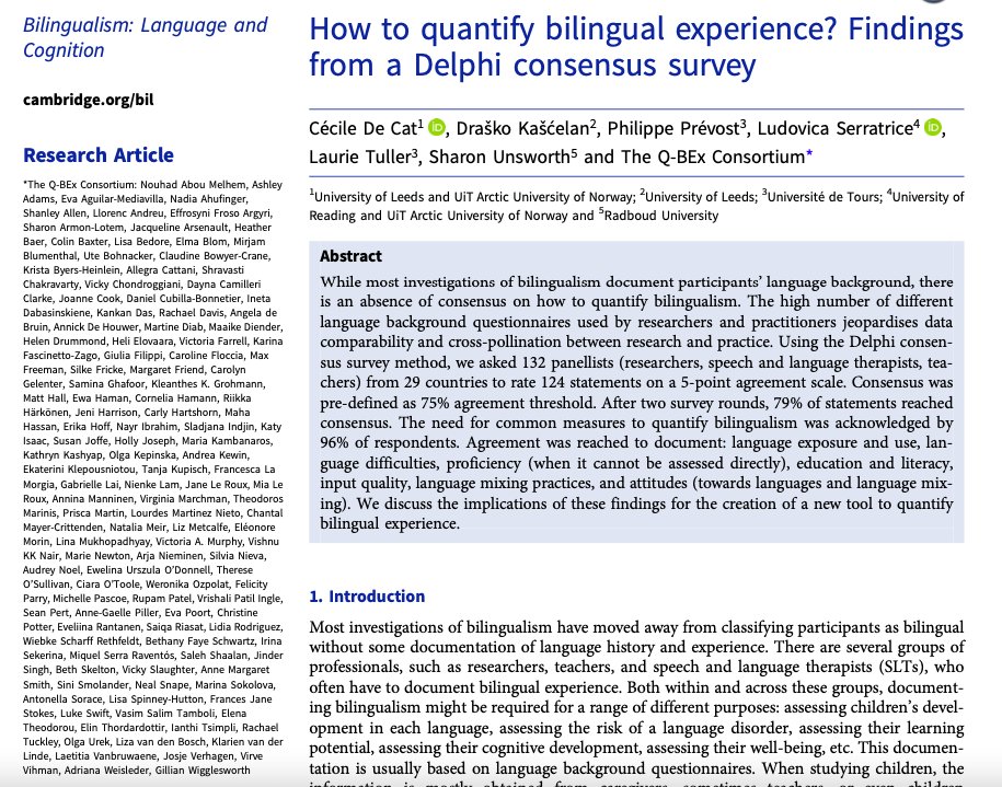 We're pleased to see our consensus study on quantifying #bilingual experience in children available online. This was a collaborative effort of 132 #researchers, #teachers and #SLTs from 29 countries. The paper is freely available here: doi.org/10.1017/S13667…