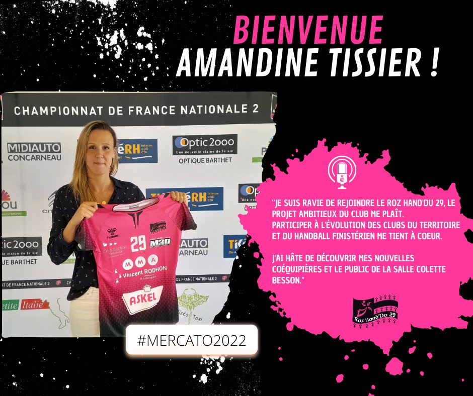[NATIONALE 2] - 𝗔𝗠𝗔𝗡𝗗𝗜𝗡𝗘 𝗧𝗜𝗦𝗦𝗜𝗘𝗥 𝗘𝗦𝗧 𝗥𝗢𝗦𝗘 𝗘𝗧 𝗡𝗢𝗜𝗥 ! 👏🙂
Le Roz Hand'Du 29 a l'honneur d'accueillir <a href="/ATissier4/">Amandine Tissier</a>  dans l'effectif de la saison prochaine.
C'est une très bonne recrue pour le club. Bienvenue chez toi Amandine🙂. 
#MERCATO2022