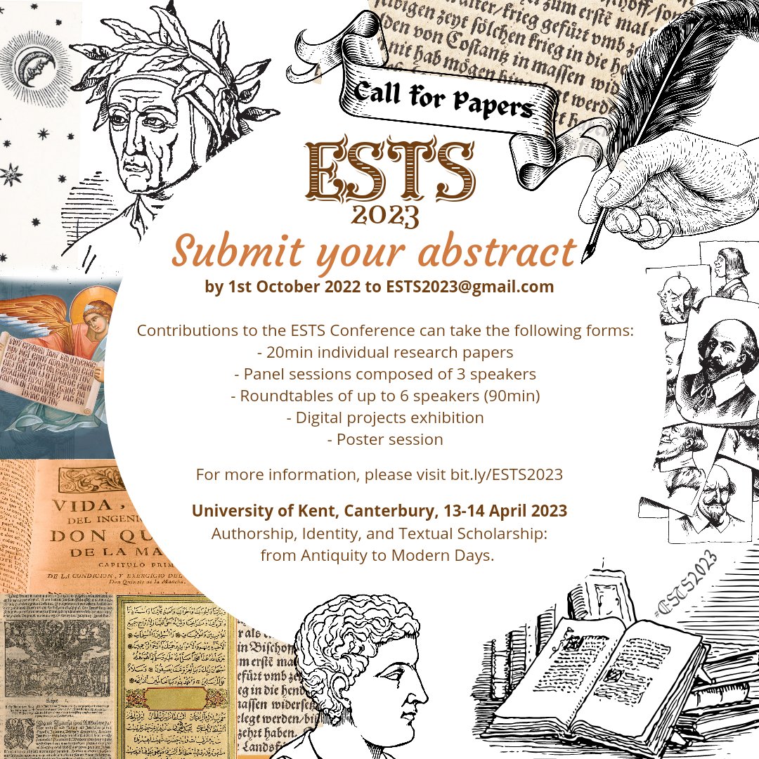ESTS2023's tweet photo. We've reached 100 followers! Thank you all so much & keep spreading the word! #ESTS2023
👉 https://t.co/d2JpfjMaRZ
#AcademicTwitter #CfP #earlymodern #medievaltwitter #classics #textualstudies #authorship @textualstudies @ESTS_eu @ArtsHumsUniKent @UniKentEnglish @CburyCathedral https://t.co/R3MXD6fGIn
