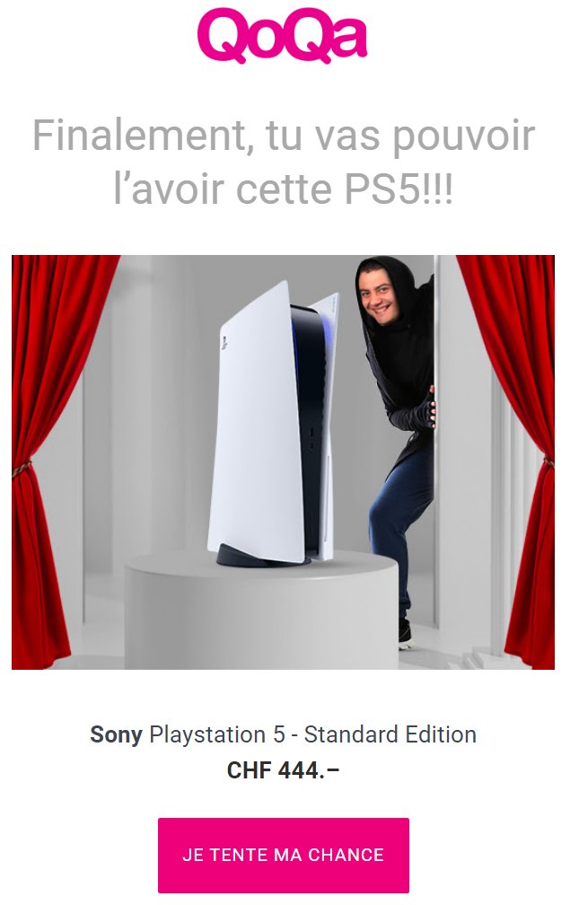 RomainSprengers's tweet photo. 🔥Si vous n'avez pas encore réussi à avoir une #PlayStation5 je viens de recevoir ça de @QoQa_ch 

🎮 Sony Playstation 5 - Standard Edition
CHF 444.– (442.81€ 👀)

🍀Accès à la vente par tirage au sort
https://t.co/o3IicECrVb

🔎Checké le lien c'est pour very soon ! 

#QOqa #PS5 https://t.co/qj9DqcPGRY