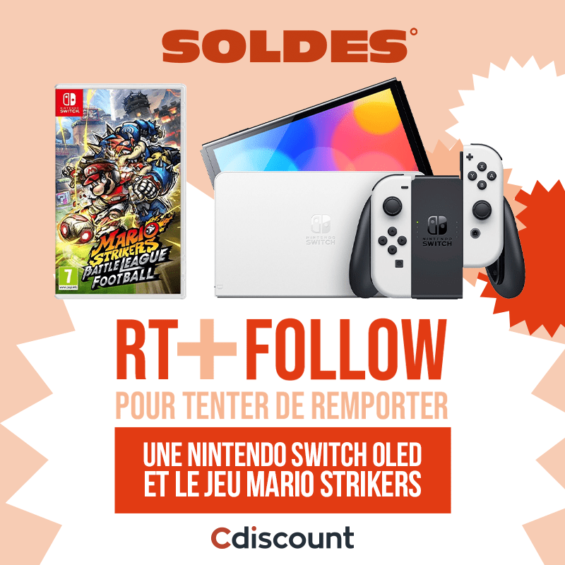 Cdiscount's tweet image. 🎁 #Concours #Relance

Tentez de remporter une Nintendo Switch OLED et le jeu Mario Strikers Battle League Football : bit.ly/3p2rfwV

Pour cela :
✔️ RT + FOLLOW @Cdiscount
🍀 TAS le 06/07