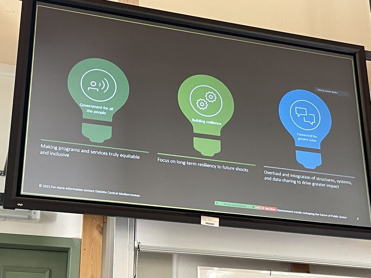 Interesting talk from <a href="/IreneMatz/">Irene Matzakou</a> from Deloitte. She showcases the new trends impacting government delivery to create resilient, equitable, connected, transparent and affordable services. #SamosSummit