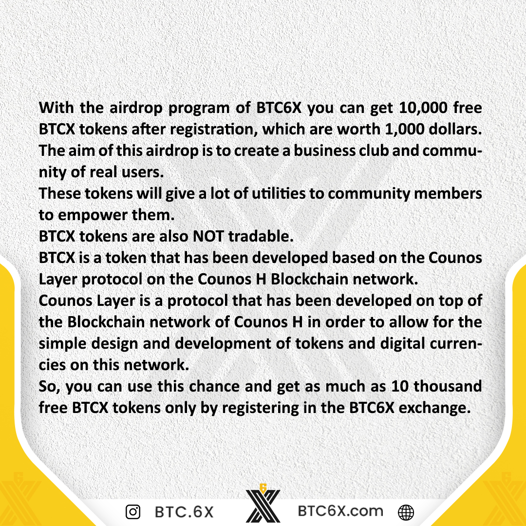 PurcowExchange's tweet photo. GET TO KNOW #BTCX TOKEN!
With the #airdrop program of BTC6X you can get 10,000 free BTCX tokens after registration, which are worth 1,000 dollars. The aim of this airdrop is to create a business club and community of real users. These tokens will give a lot of utilities https://t.co/t8z6jBa1n5