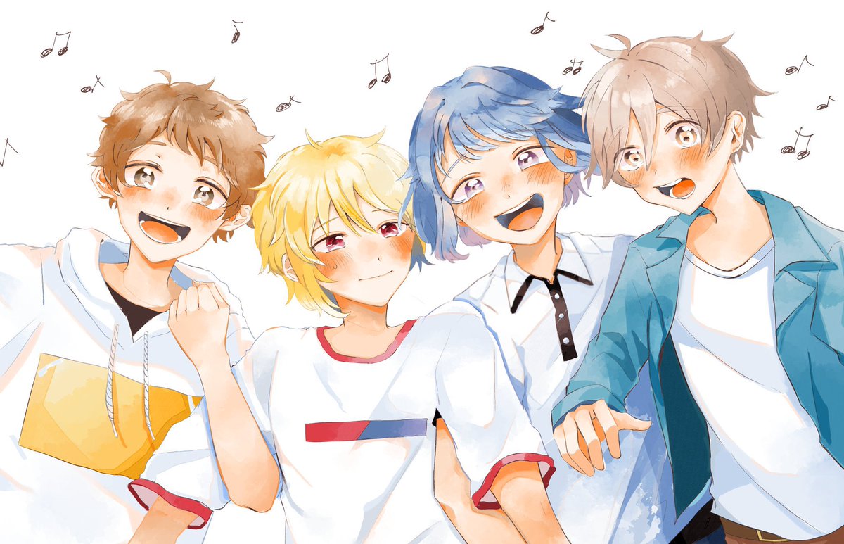 multiple boys male focus blonde hair blue hair brown hair blush smile  illustration images