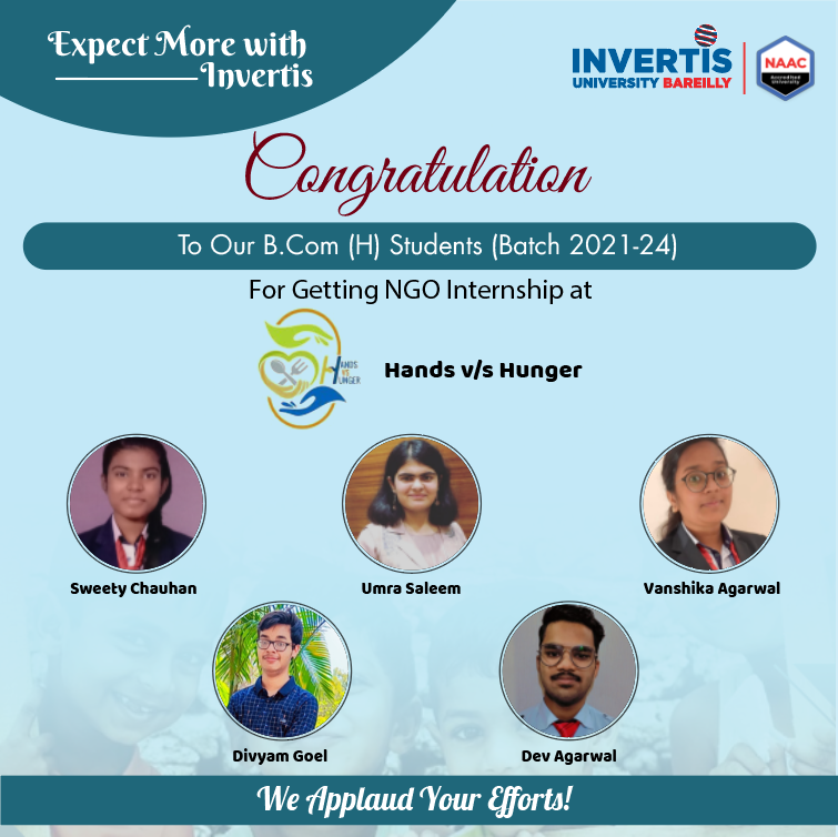 InvertisUni's tweet photo. Congratulations to Sweety, Umra, Vanshika, Divyam and Dev of https://t.co/SLbYQYMDtp. (H), for summer internship opportunity with NGO – Hand versus Hunger! Our best wishes to you all for your bright future ahead.

#HandversusHunger #Bareilly #welldone #BcomH #invertisuniversity https://t.co/QTmMbzjwht