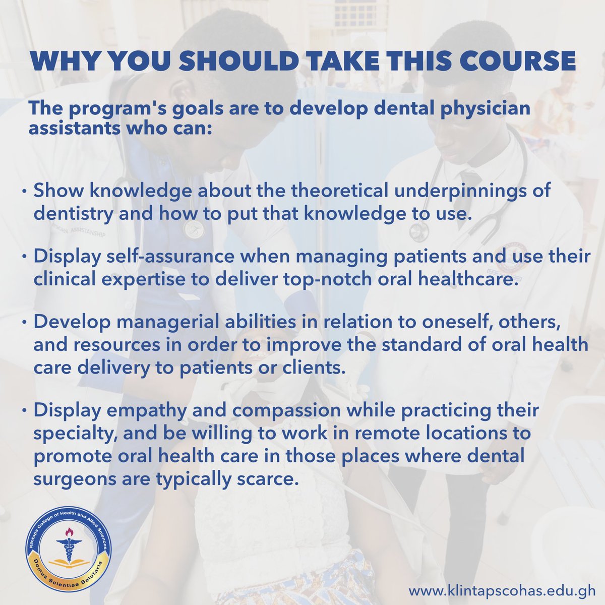 KlintapsCollege's tweet photo. We also offer a program in BSc Physician Assistant- Dental. For more information and to apply, kindly click on the link https://t.co/FYg1JIXaTq #KCOHAS https://t.co/ihE7HZHxM0