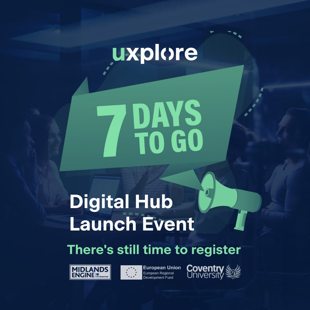 7 days to go until our free Digital Hub Launch Event!

There’s still time to register to join us on 11th July @ 8am.

🎟️ Register now! eventbrite.co.uk/e/uxplore-digi…

#launchevent #coventry #warwick #digitalhub #5G #technology #inspiration