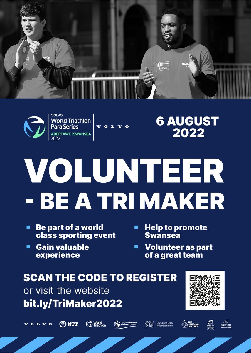 Want to help make @VolvoCarUK 2022 #WTPSSwansea happen?

You can contribute to the success of the UK’s most prestigious paratriathlon event by volunteering to be part of an exciting weekend of swim, bike, run. 

Register now to be a Tri Maker in #Swansea! ow.ly/Kra050JLHjV