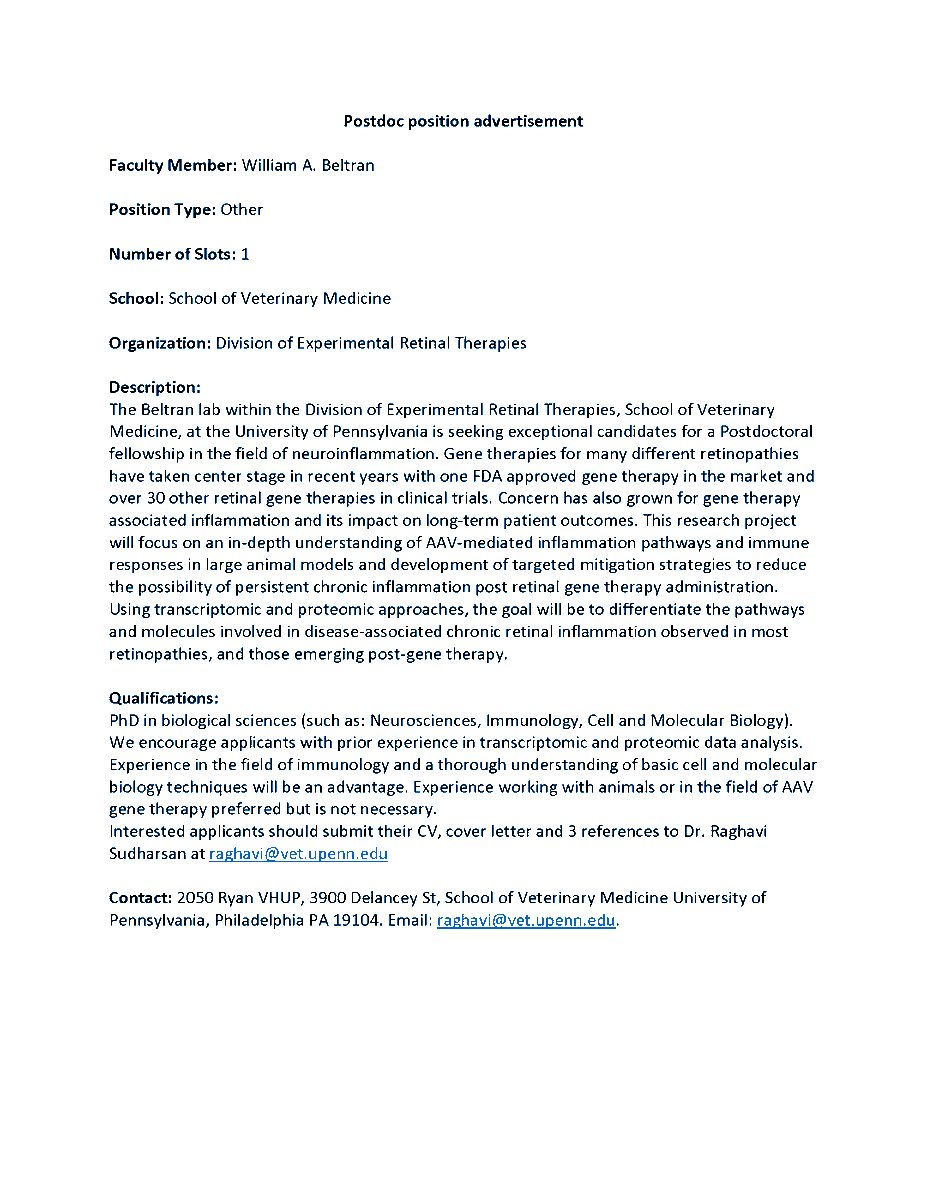 🚨OFERTA DE TRABAJO🚨
University of Pennsylvania está buscando a un doctorado para trabajar sobre la inflamación retiniana causada por vectores AAV, durante un periodo de 3 años.
ℹ️ Si crees que tu perfil puede encajar y quieres conocer más información👇