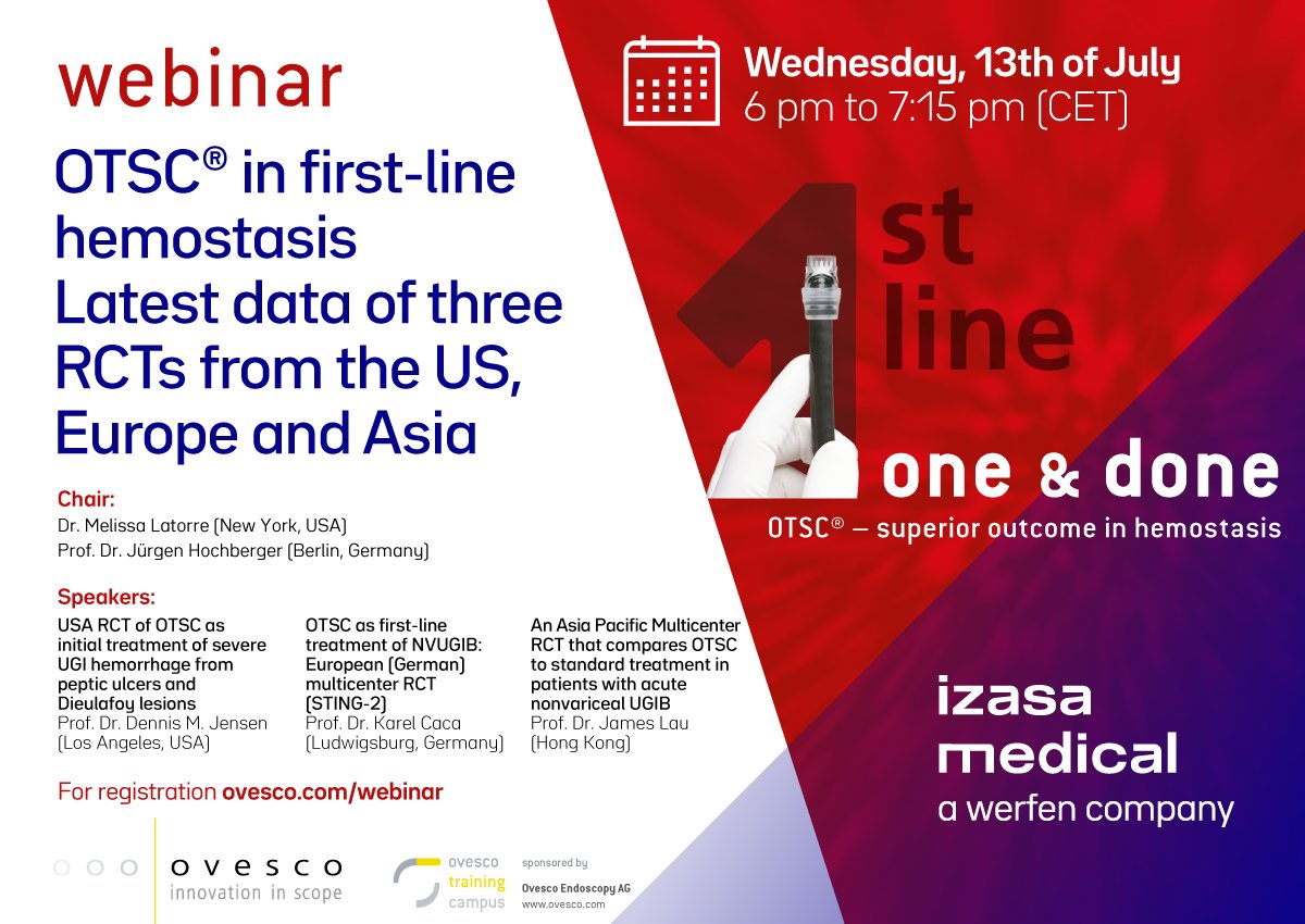 IzasaMedical's tweet photo. Os invitamos al seminario web de #Ovesco: "OTSC in first-line hemostasis". Tres ensayos que comparan #OTSC® con la terapia estándar en el tratamiento de primera línea de hemorragia digestiva alta no varicosa.
👉https://t.co/FiH0sJbmZ7
📅 13 de julio de 18:00 a 19:15 (CET) https://t.co/7Qf2hOnn0V