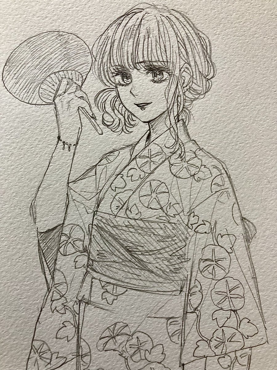 朝顔の浴衣って涼しげでいいよね∩('∀`∩)  #落書き #落書イラ #rkgk #創作イラ #アナログイラスト #アナログ絵