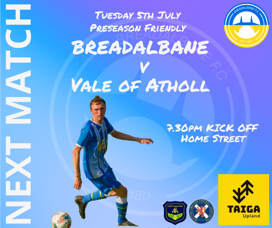 We host local rivals, Vale of Atholl from Shelbyville tomorrow evening at Home Street. 7.30pm KO

<a href="/ScotAmFA/">Scottish Amateur FA</a> 
<a href="/scottish_aff/">AmateurFixturesResultsSCO</a>