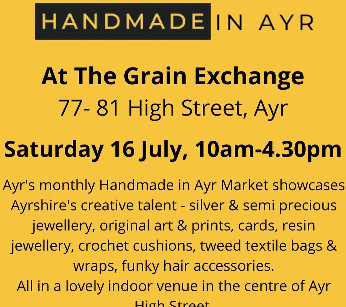 in_ayr's tweet photo. Busy July for our Ayrshire artists and makers. First event is the Handmade in Ayr Market at The Grain Exchange on 16 July. Then our big summer weekend event is at the Robert Burns Birthplace Museum on 30 &amp; 31 July @RobertBurnsNTS @grain_exchange @Whatsonscotland @whatsonayrshire https://t.co/EkYj0wegqm
