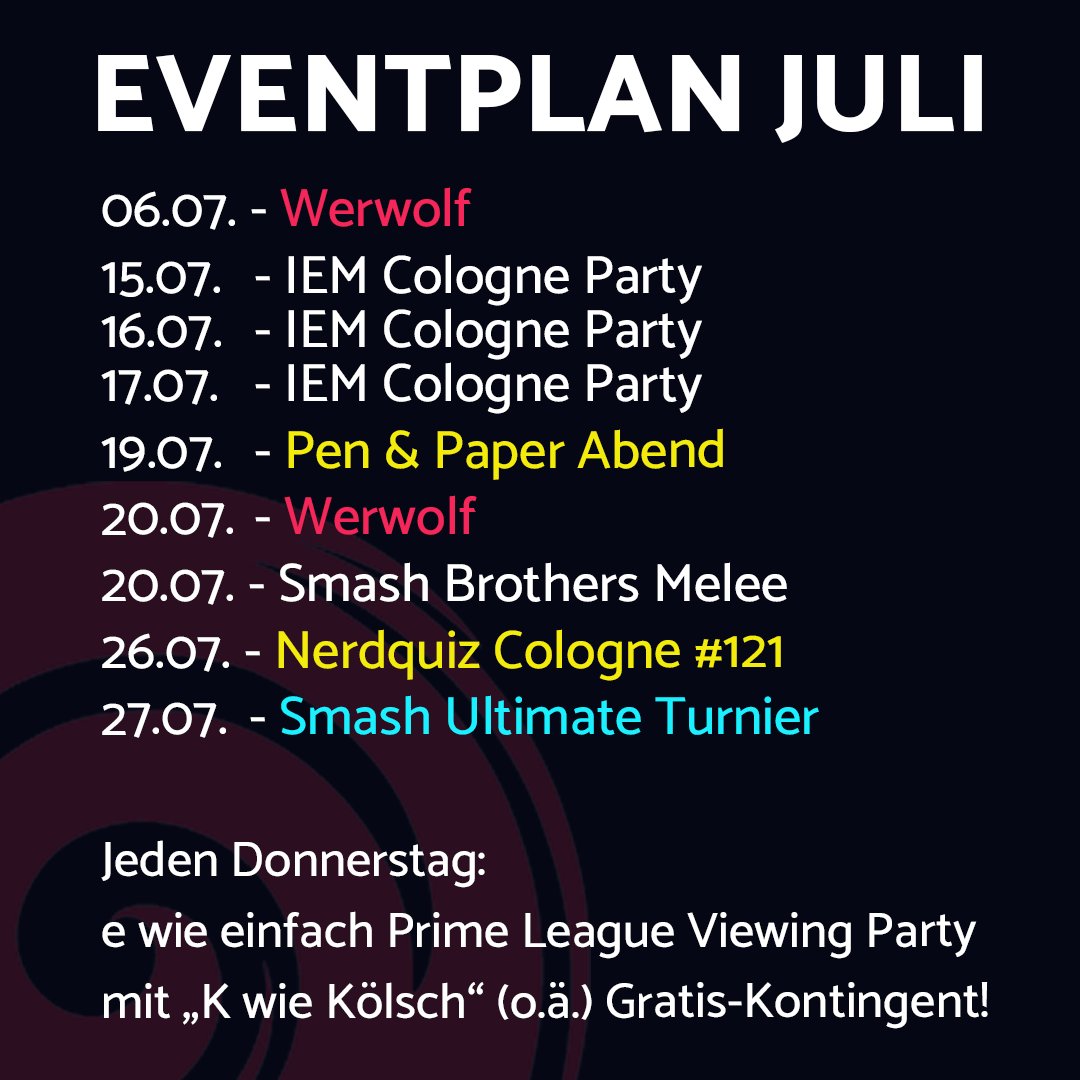 Der Juli wird wild. The return of the king #IEM Cologne formerly known as ESL One Cologne, donnerstags Prime League mit <a href="/E_WIE_ESPORTS/">E WIE EINFACH E-SPORTS</a> und unsere Event-Klassiker machen den Juli voll, voller, am vollsten! Wofür kommst du vorbei?

#esports #gaming #bar #koeln #cologne