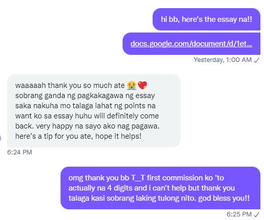 etudecomms's tweet photo. naiiyak ako pls such a sweet client!! they even gave a good tip huhu + our transaction was very smooth din kasi they gave lots of keypoints na rin of what they wanted to include in the essays #etudefeedbacks
tasks: college admissions essay and scholarship application essay https://t.co/aHXlvYRuCv