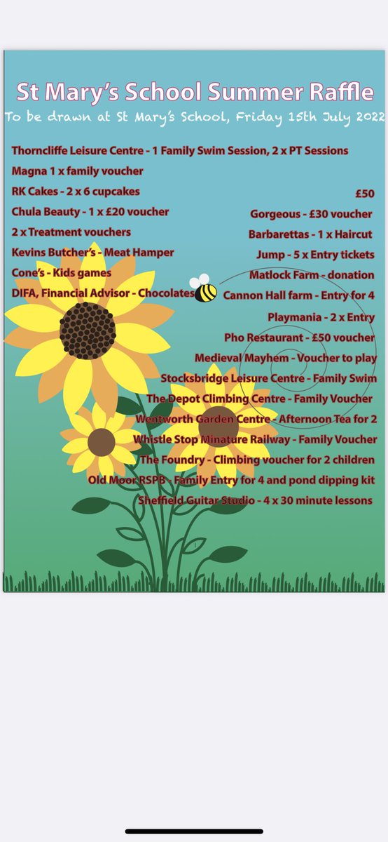 Friends_StMarys's tweet photo. We have some absolutely fantastic prizes donated by local businesses for our Summer  Faye raffle. Tickets can be bought from students, from reception or on the day of our fayre- Friday the 8th July, 330pm at ST Mary’s school, High green, Sheffield @StMaryHighGreen https://t.co/EF4vkveapb