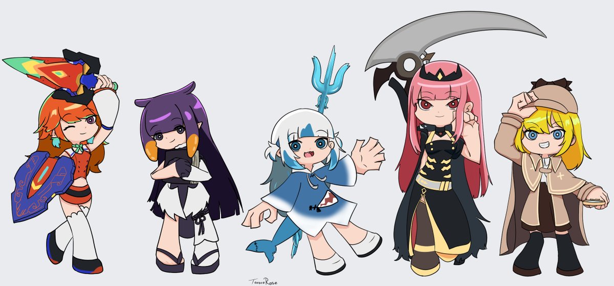 gawr gura ,mori calliope ,ninomae ina'nis ,takanashi kiara ,watson amelia holomyth multiple girls pink hair fish tail weapon 5girls tail  illustration images