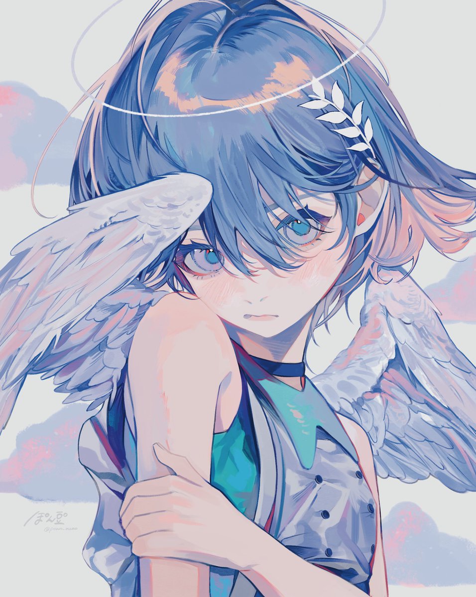 1girl solo wings blue eyes halo short hair looking at viewer  illustration images