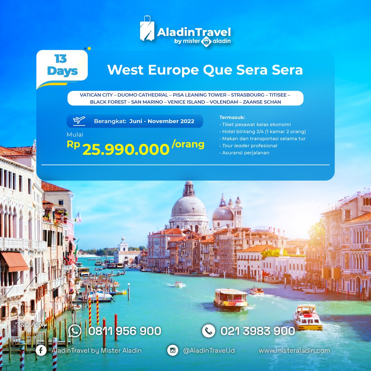 AladinTravelMA's tweet photo. Hai Aladiners!👋

Siapa sih yang gak pengen liburan ke Eropa🛶? Nah, sekarang kesempatan kamu nih untuk menyelami keindahan Eropa
Langsung klik di https://t.co/RYIPaz7fGl

#Europe #tur #pakettur #prancis #italia #eropa #AladinTravelJakarta #AladinTravelbyMisterAladin https://t.co/J6yRAxLrKo