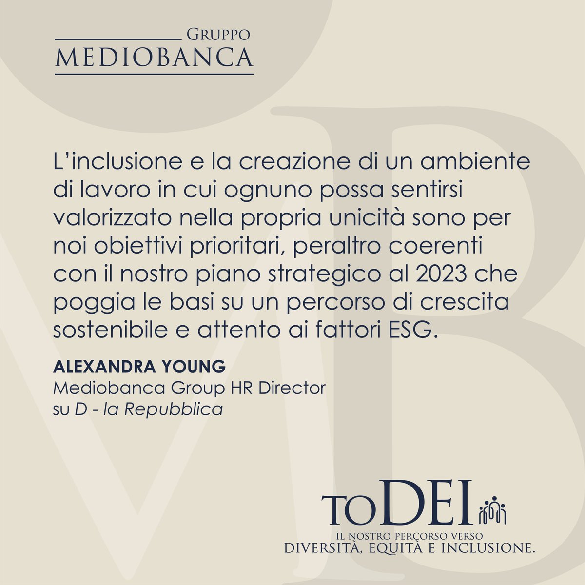 mediobanca's tweet photo. D-@LaRepubblica_it di questa settimana dedica spazio al progetto #toDEI, il progetto promosso dal Gruppo per la creazione di un’ambiente sempre più equo e inclusivo. 
#Mediobanca https://t.co/qQYCAzSENm
