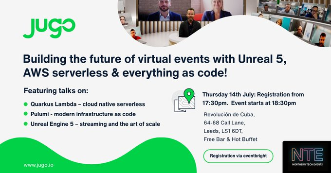 NTE_North's tweet photo. @WeAre_Jugo invite you to the launch of their brand new development centre in Leeds on Thurs 14th July. Learn how Jugo are disrupting the online events space with their brand new #virtual platform. 

Free tickets + complimentary bar and Cuban buffet!

#VR #VirtualReality #Events https://t.co/crBto6r4vz