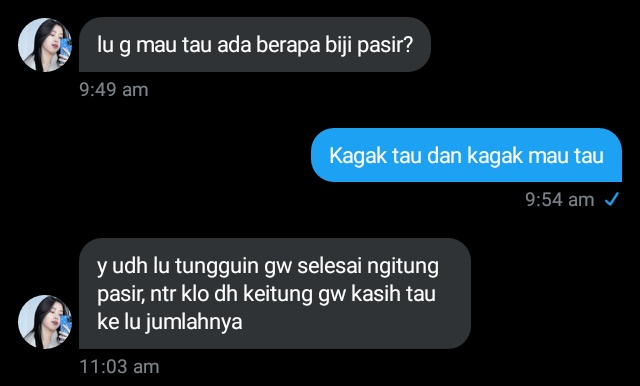 Jjunnotmeow's tweet photo. Pas awal nanya pasir kalo disapuin kelar sehari nggak? juga udah aneh, trus ngitungin pasir dan sekarang mau ngasih tebak tebakan:) kasih gue kekuatan 
Gara gara lu nih @ghegxlv ampir stress gue https://t.co/EFvsbsb0dI