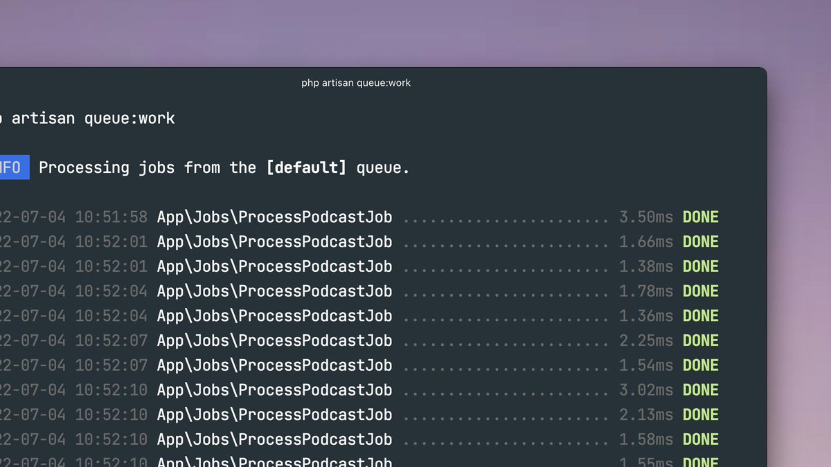 enunomaduro's tweet image. This week, we keep working the new @laravelphp Artisan UI. Besides the new look, we are also improving the information displayed. ✅

For example, on the "queue:work" command, we now display the listened queues and the duration of the jobs.  ⏱️

Can't wait to ship this! 🔥