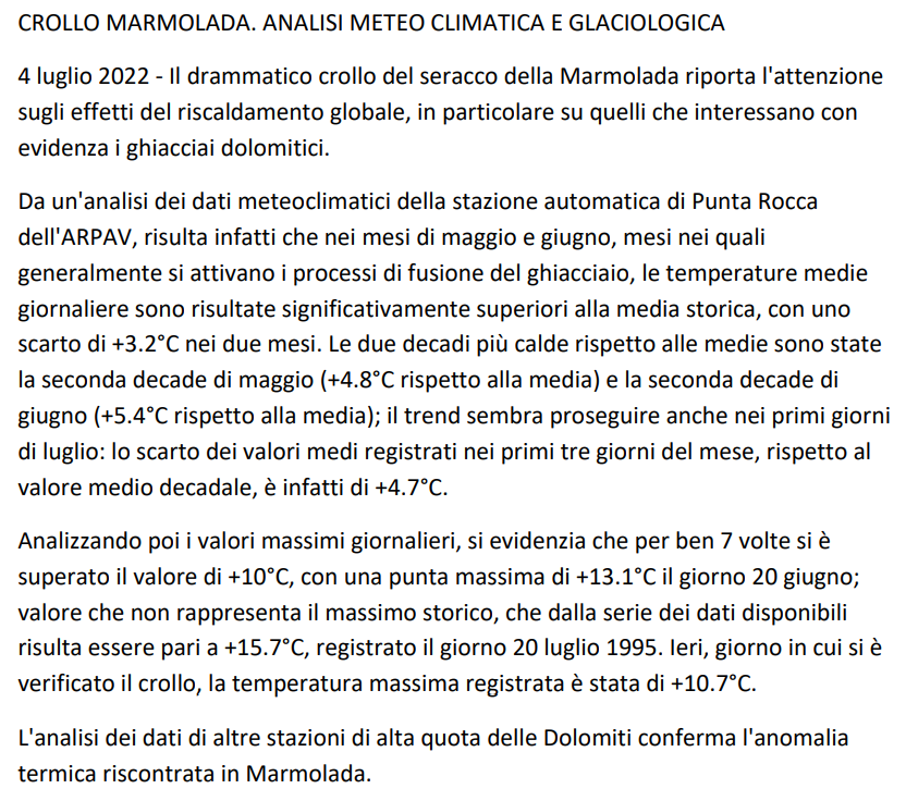 ISPRA_Press's tweet photo. Crollo seracco #Marmolada, effetti del riscaldamento globale su ghiacciai #Dolomiti, le analisi @arpaveneto su stazione #PUNTAROCCA: nei mesi maggio e giugno, nei quali si attivano processi fusione #ghiacciaio, temperature medie giornaliere superiori alla media storica di +3.2°C https://t.co/v4MdeZj2T9