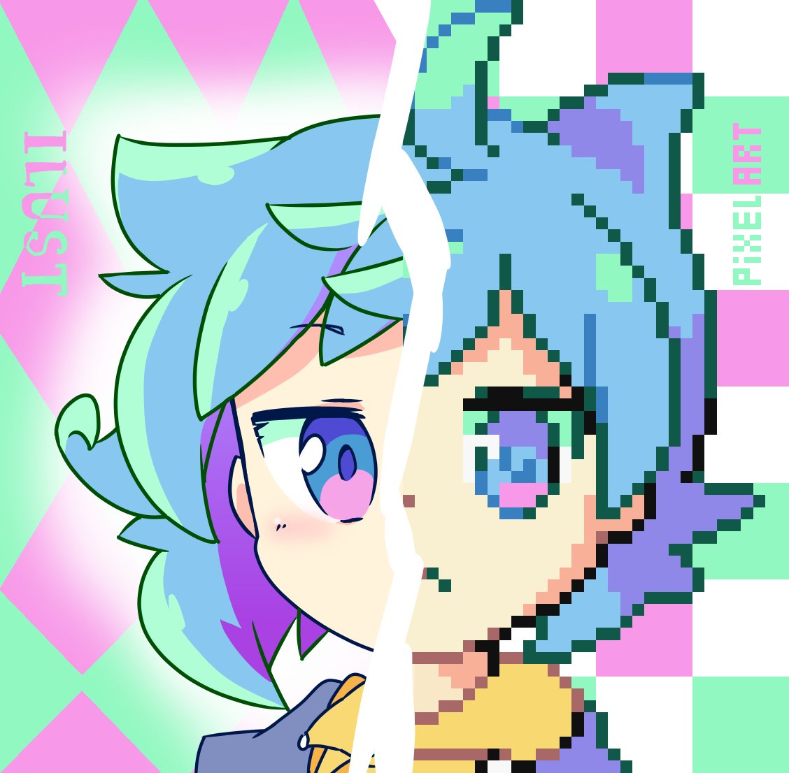 「#新しいプロフィール画像 イラストとドット絵二足の草鞋の絵描きスト!とイッパツで」|転寝みるく(こもりみるく)🥛-ほぼ毎日更新イラストかドット絵のイラスト