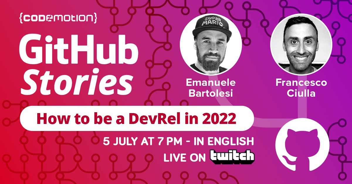 📢 Domani alle 19:00, con  <a href="/kasuken/">Emanuele Bartolesi</a> e <a href="/FrancescoCiull4/">Francesco Ciulla</a> inizia un nuovo appuntamento delle #GitHubStories! 👉
community.codemotion.com/codemotion-ita…