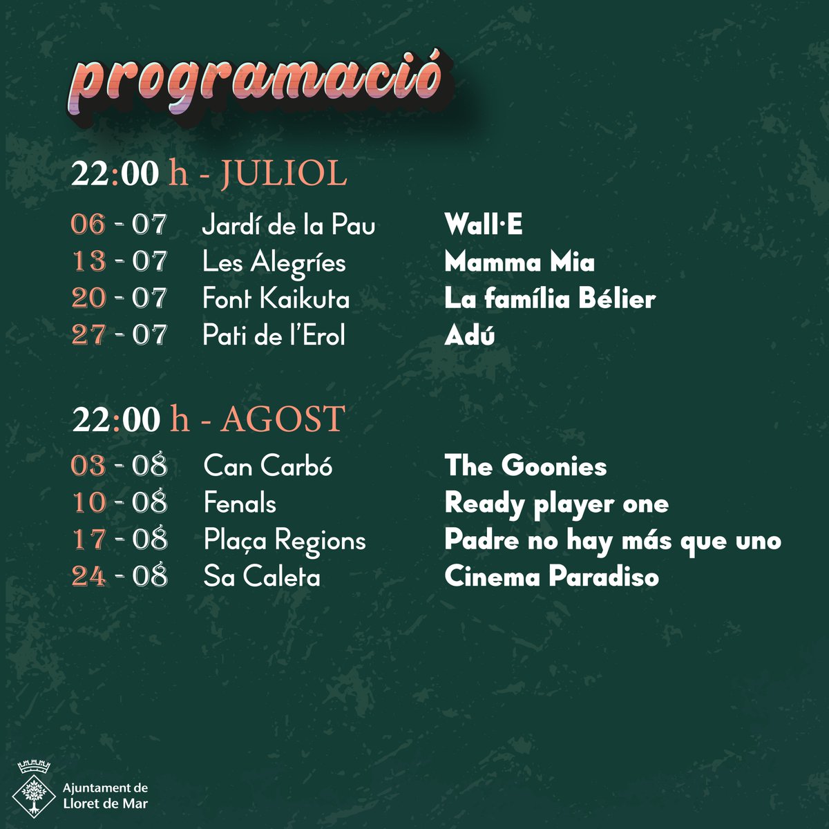🎥 Aquest dimecres, comença el #Cinema a la Fresca a #LloretdeMar!

🎬 Tots els dimecres de juliol i agost, a diferents ubicacions de #Lloret
⌚️ A les 22 h

➕ info ➡️ lloret.cat/cinemaestiu

#mylloret #CinemaalaFresca #Cine #CinemaEstiu