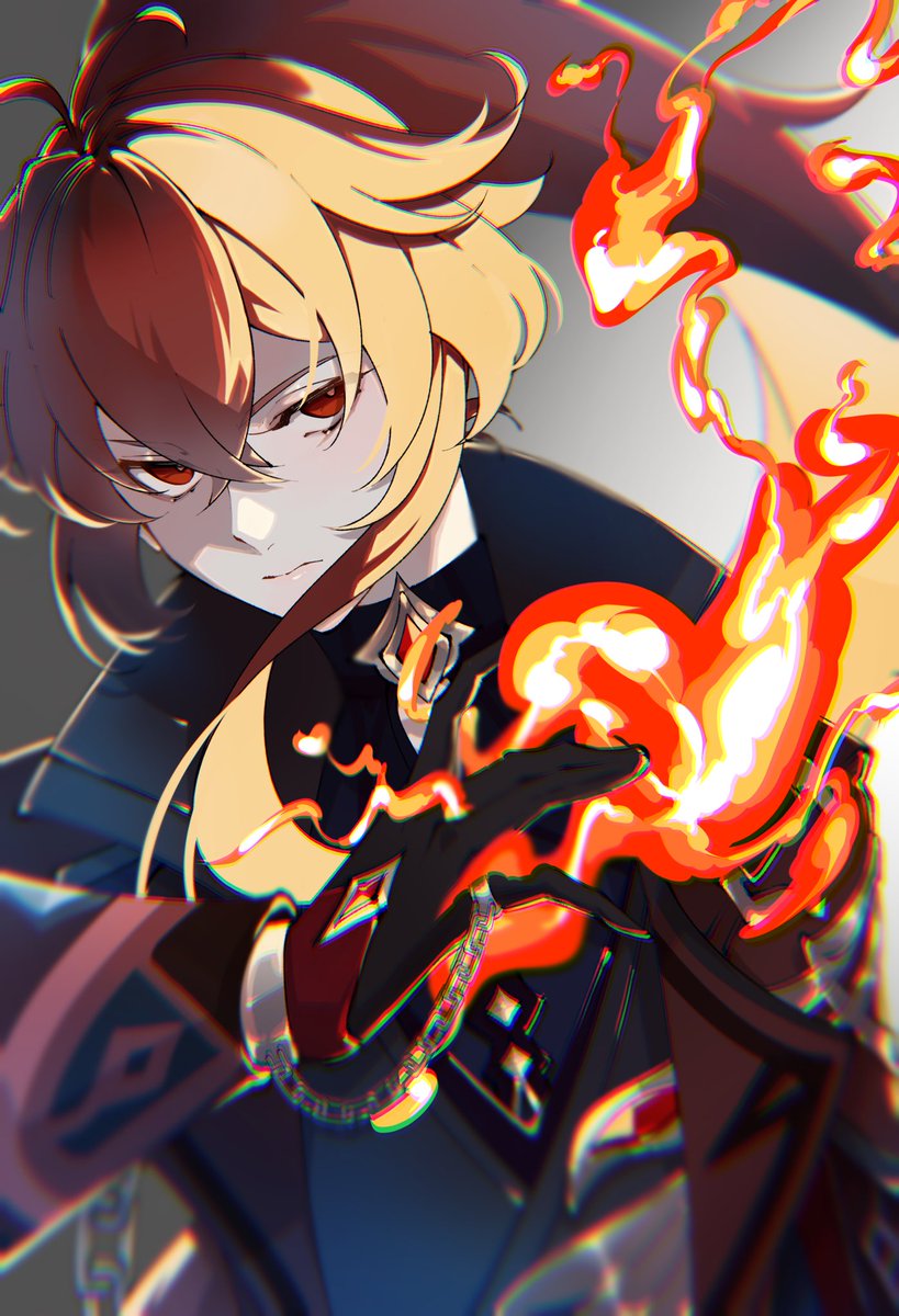 diluc (genshin impact) 1boy male focus red eyes solo gloves long hair fire  illustration images