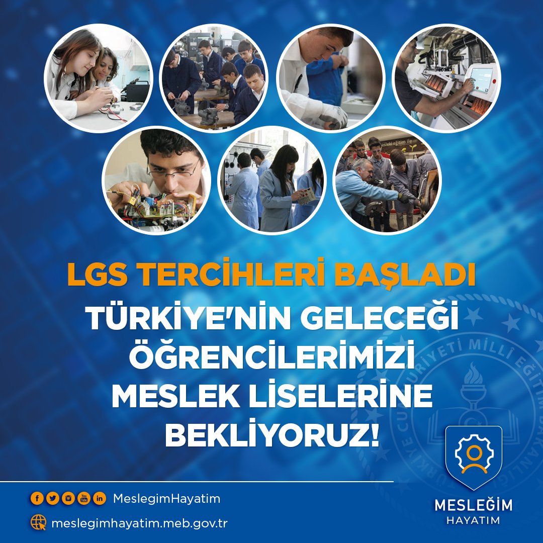 #MesleğimHayatım | 📝

Türkiye'nin en başarılı öğrencilerinin #tercih ettiği mesleki ve teknik Anadolu liselerimize tüm öğrencilerimizi bekliyoruz!

#LGS tercihleri, 20 Temmuz saat 17.00'ye kadar yapılabilecek.

#GelecekMeslekiEğitimde