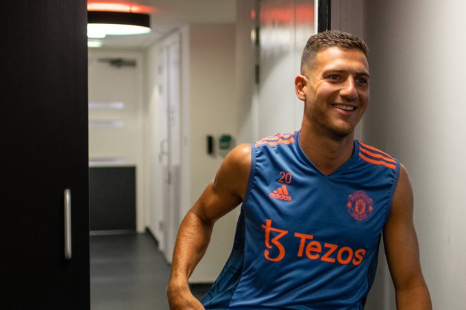 Diogo Dalot pictured arriving at Carrington in our 2022/23 training kit.