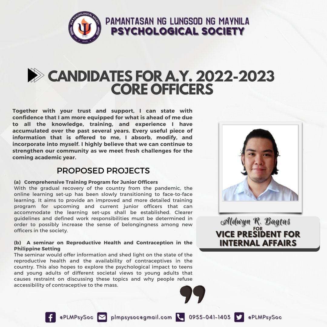 PLMPsySoc's tweet photo. We formally introduce to all of you the roster of candidates for the PLM Psychological Society Officers A.Y. 2022-2023. 

Please stay tuned for updates regarding the election process on our official Facebook Group. Election day will be held on July 7, 2022. https://t.co/hLgIAlxIrZ