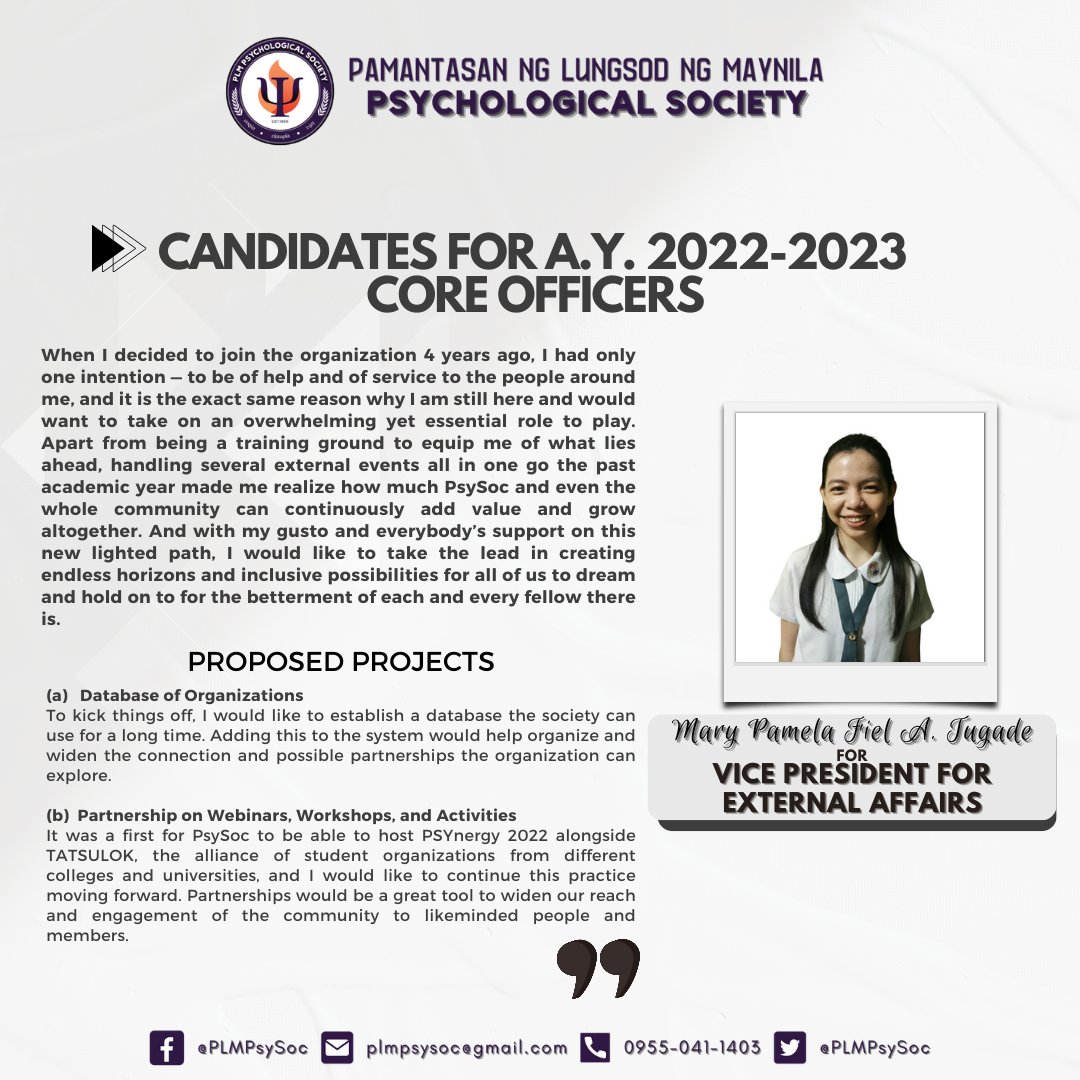 PLMPsySoc's tweet photo. We formally introduce to all of you the roster of candidates for the PLM Psychological Society Officers A.Y. 2022-2023. 

Please stay tuned for updates regarding the election process on our official Facebook Group. Election day will be held on July 7, 2022. https://t.co/hLgIAlxIrZ
