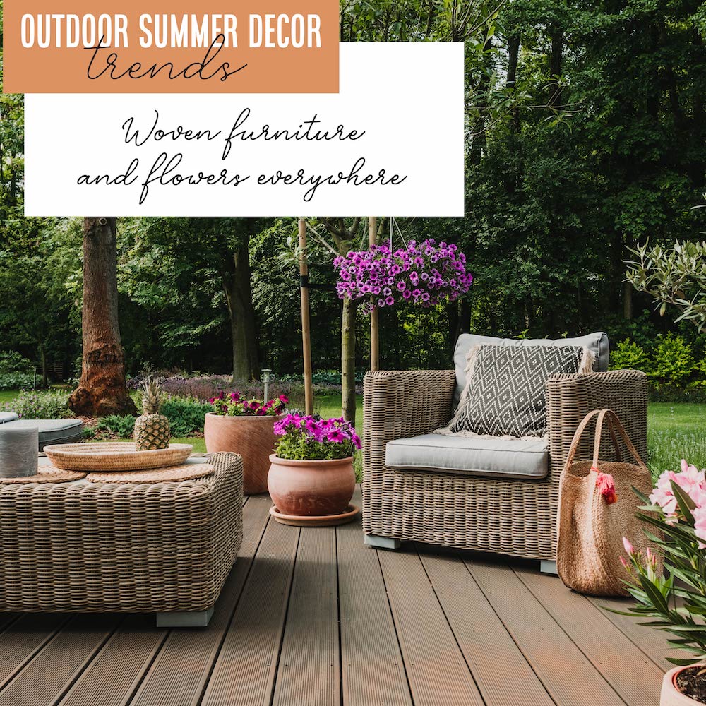 You can't go wrong this summer in your outdoor area with woven furniture and flowers. #SummerDecor