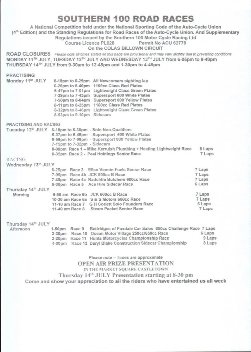 MarkDennis2's tweet photo. The timetable for next weeks @S100isleofman @StevieRRN @sidecarracing https://t.co/S4VRpmnA3Y