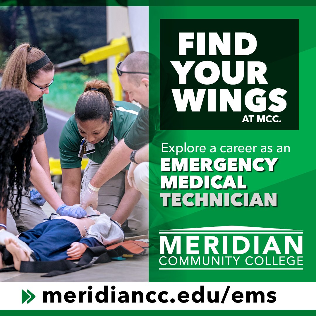 MCCEagles's tweet image. EMT BASIC. This program offers entry level students the opportunity to achieve their #EMTBasic certification. This level of care focuses on teaching the student how to respond in an emergency and provide emergency care. Visit meridiancc.edu/ems. Classes begin August 15!