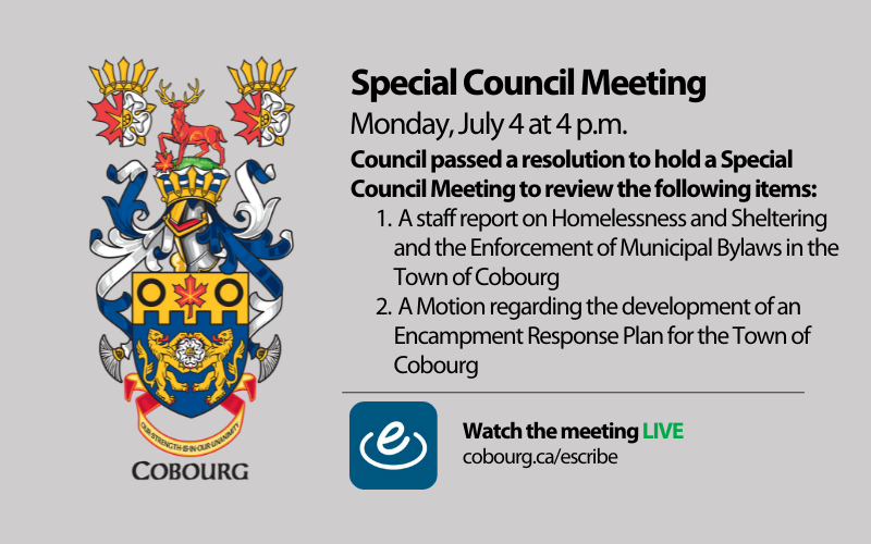 COUNCIL: There is a Special Council Meeting tonight (Monday, July 4, 2022) beginning at 4 p.m. held in Council Chambers, Victoria Hall, 55 King Street West, via hybrid model participation. 

👉 Watch the meeting LIVE online at cobourg.ca/escribe