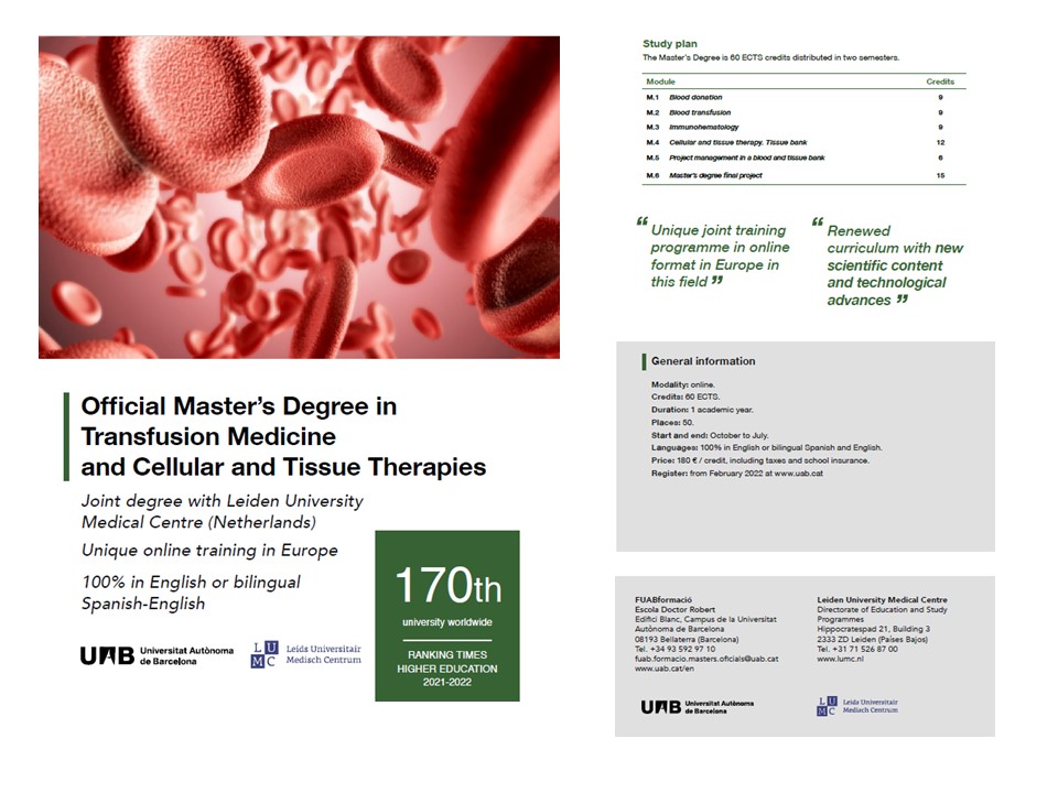 Banc de Sang Vall d'Hebron (@bstvh_) on Twitter photo 📅Official Master´s Degree in Transfusion Medicine and Cellular and Tissue Therapies. <a href="/UABBarcelona/">Universitat Autònoma de Barcelona</a> <a href="/LUMC_Leiden/">LUMC Leiden</a> 📅Official Master´s Degree in Transfusion Medicine and Cellular and Tissue Therapies. <a href="/UABBarcelona/">Universitat Autònoma de Barcelona</a> <a href="/LUMC_Leiden/">LUMC Leiden</a>