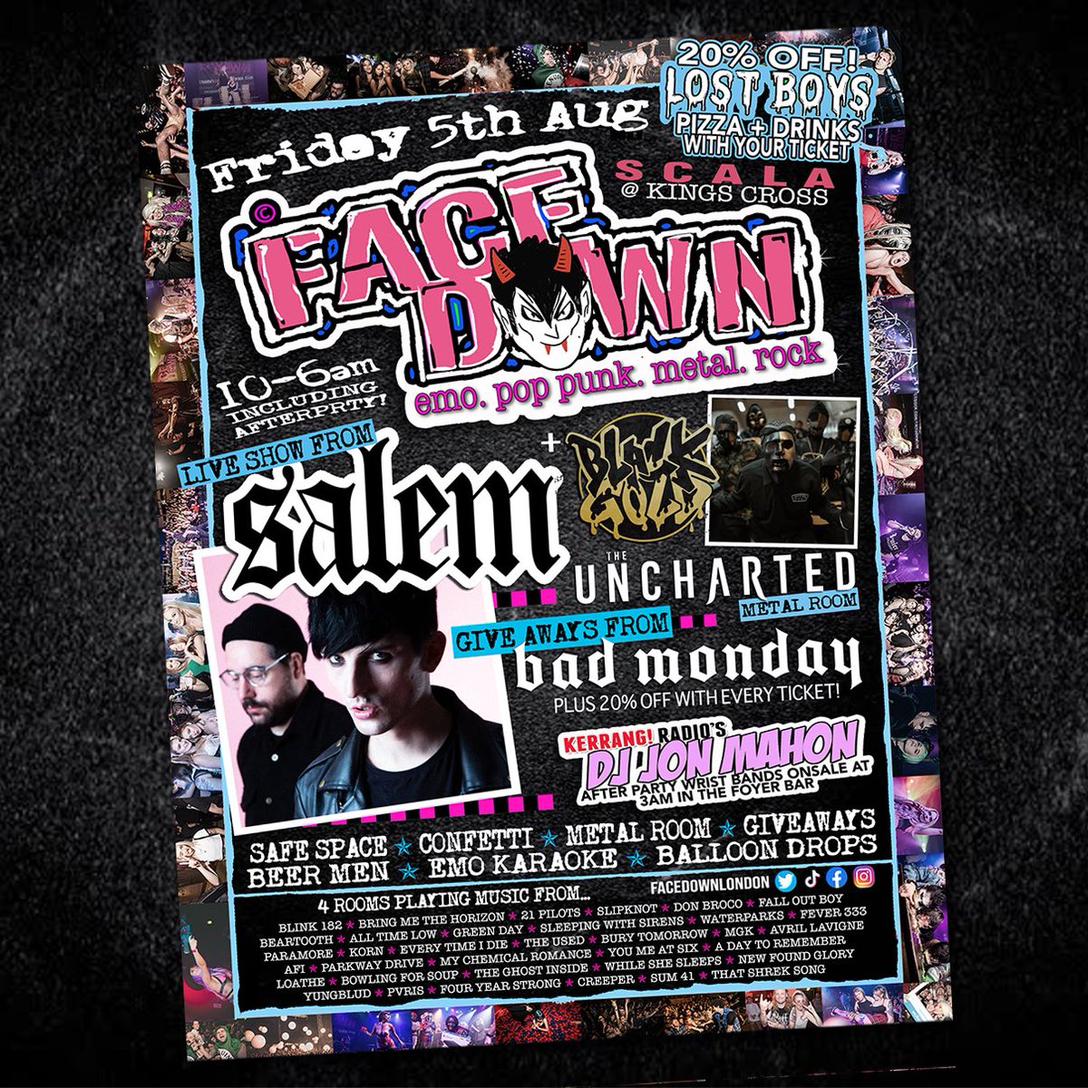 ‼️AUGUST‼️

<a href="/willghould/">william von ghould</a> of <a href="/creepercultuk/">C R E E P E R</a> joins Face Down with his explosive band @church_of_salem

Nu Metallers <a href="/BLACKGOLDhg/">BLACKGOLD</a> make their debut on main stage

Upstairs live metal from @theuncharteduk

Giveaways from @badmondayapparel plus 20% off their store with a ticket purchase