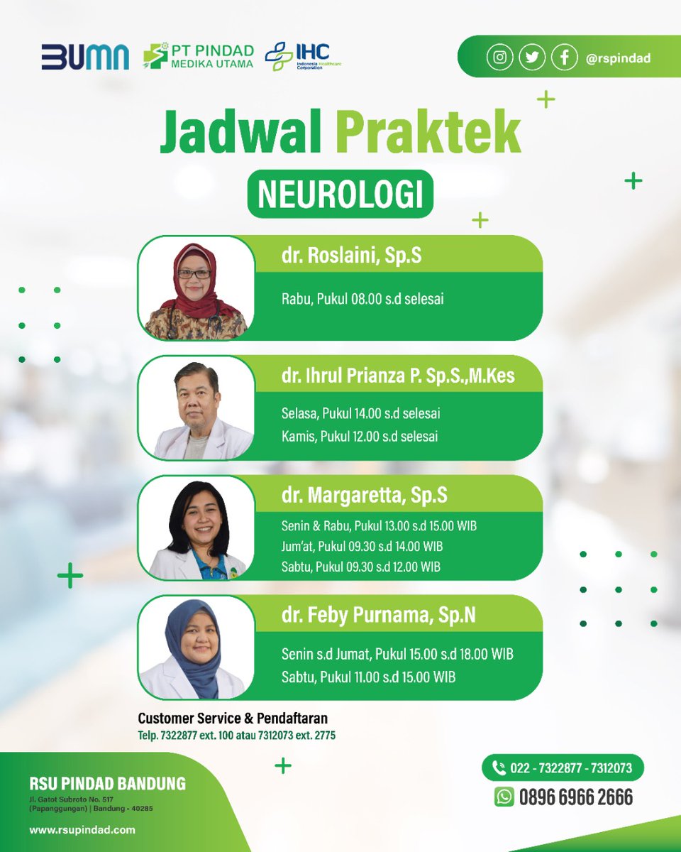 RSPindad's tweet photo. Sahabat Rumah Sakit Pindad, untuk pelayanan poliklinik Neurologi jadwalnya bisa dilihat disini ya. 

#rspindadbandung #rsupindad #pindadmedikautama #ihc #neurologia https://t.co/DFiHpSHN3x