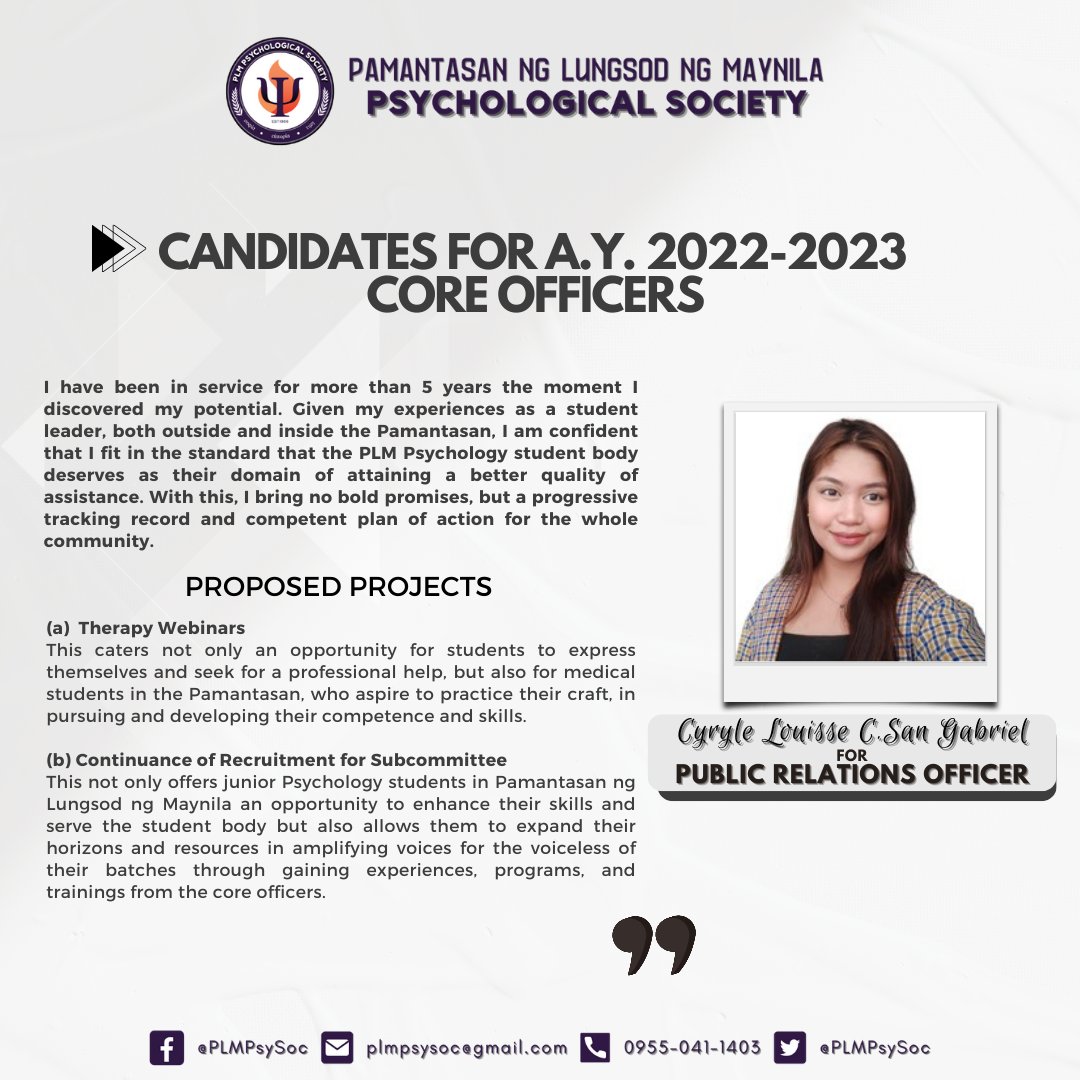 PLMPsySoc's tweet photo. We formally introduce to all of you the roster of candidates for the PLM Psychological Society Officers A.Y. 2022-2023. 

Please stay tuned for updates regarding the election process on our official Facebook Group. Election day will be held on July 7, 2022. https://t.co/nXORfYppIZ