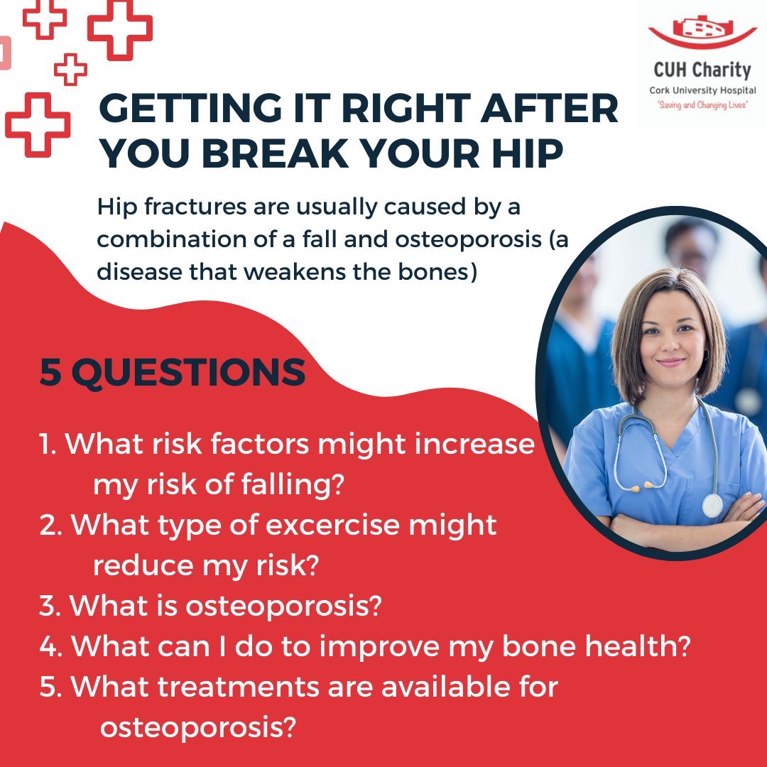 CUHCharity's tweet photo. Every day in Ireland 10 older adults break their hip. The average age is 81 and most (85%) are living at home. Half of older adults who break their hip were walking without an aid or help before falling. @CUH_Cork
#breakahip #osteoporosis #healthybones https://t.co/cFD02I3AZP