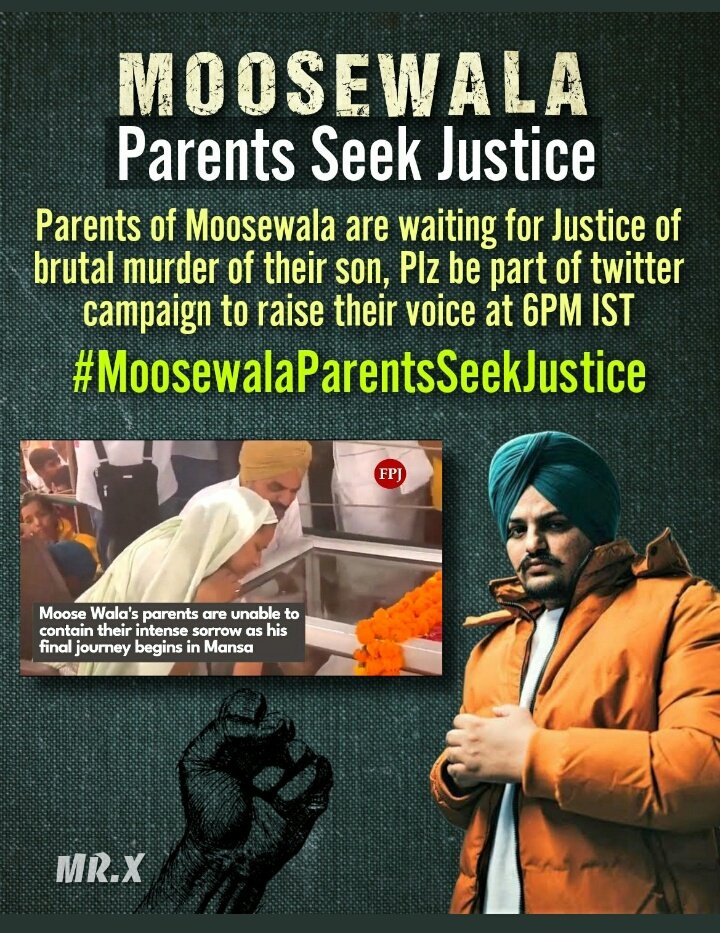 Take a note :

#MoosewalaParentsSeekJustice hashtag will be run at 6 pm IST.

Kindly join us in this twitter campaign so, we can raise voice for  #JusticeForSidhuMooseWala 

<a href="/khushromana/">KHUSH ROMANA</a> <a href="/sonymoosevala/">Sony Moosewala</a>