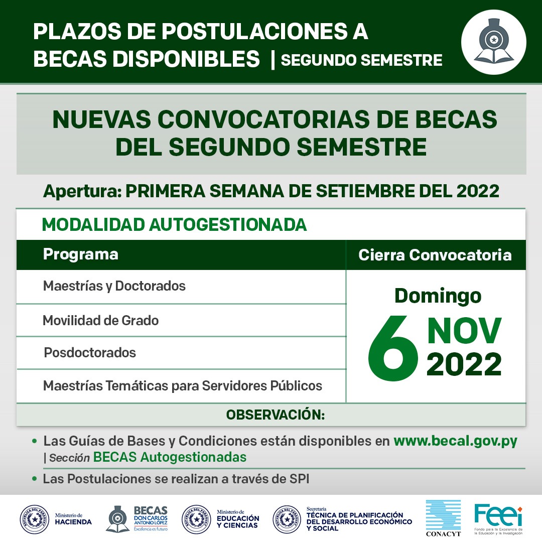 becalpy's tweet photo. 🎓Becas con Modalidad #Autogestionada I Las Guías de Bases y Condiciones de las Convocatorias 2022 se encuentran disponibles en la web de #BECAL, Sección de BECAS 

➡️ Maestrías
➡️ Doctorados
➡️ Posdoctorados
➡️ Movilidad de Grado

Explorá y preparáte🔗https://t.co/kRqwkWk0bB https://t.co/1pnRtSwcoo