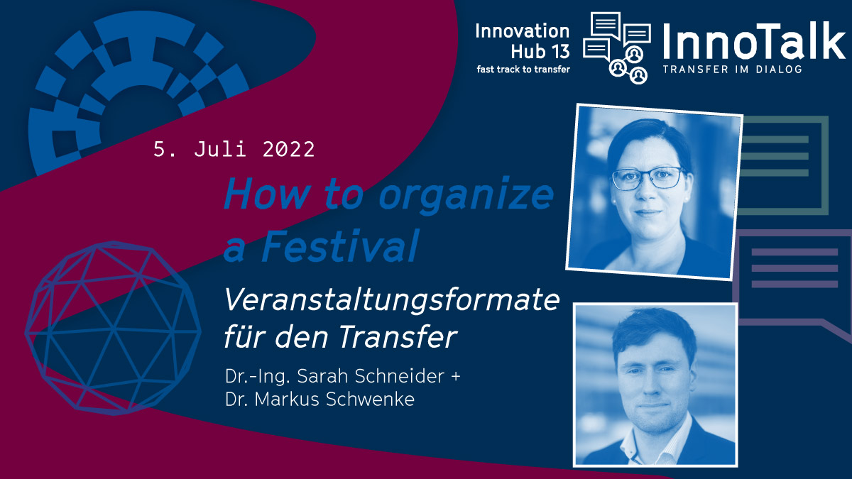 innohub13's tweet photo. Tusch... morgen um 8:30h geht unser #InnoTalk in seine zehnte Runde! Thema: How to organize a #Festival – Dr. Sarah Schneider und Dr. Markus Schwenke berichten über Formate für den #Transfer und ihre Erfahrungen in Planung, Durchführung und #Auswertung.➡️ https://t.co/L7Eczg5kNY https://t.co/UBgAHSExAZ