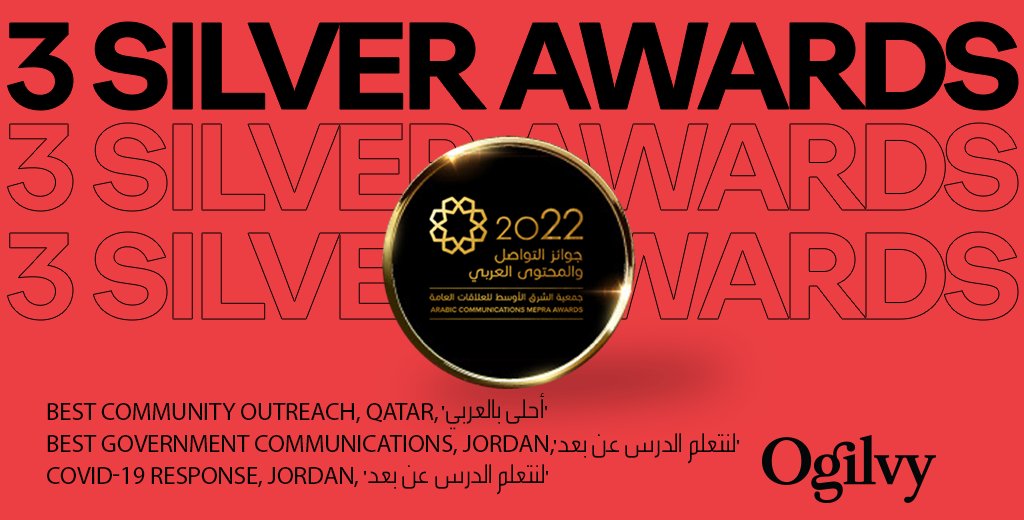 MemacOgilvyMena's tweet photo. The inaugural Arabic Communications MEPRA Awards was a big success as our Qatar and Jordan teams grabbed six awards, including another Gold for Qatar. Congratulations to our PR community across MENA, and thank you to our clients for the opportunity to do great work with purpose. https://t.co/BCDC3AuFZX