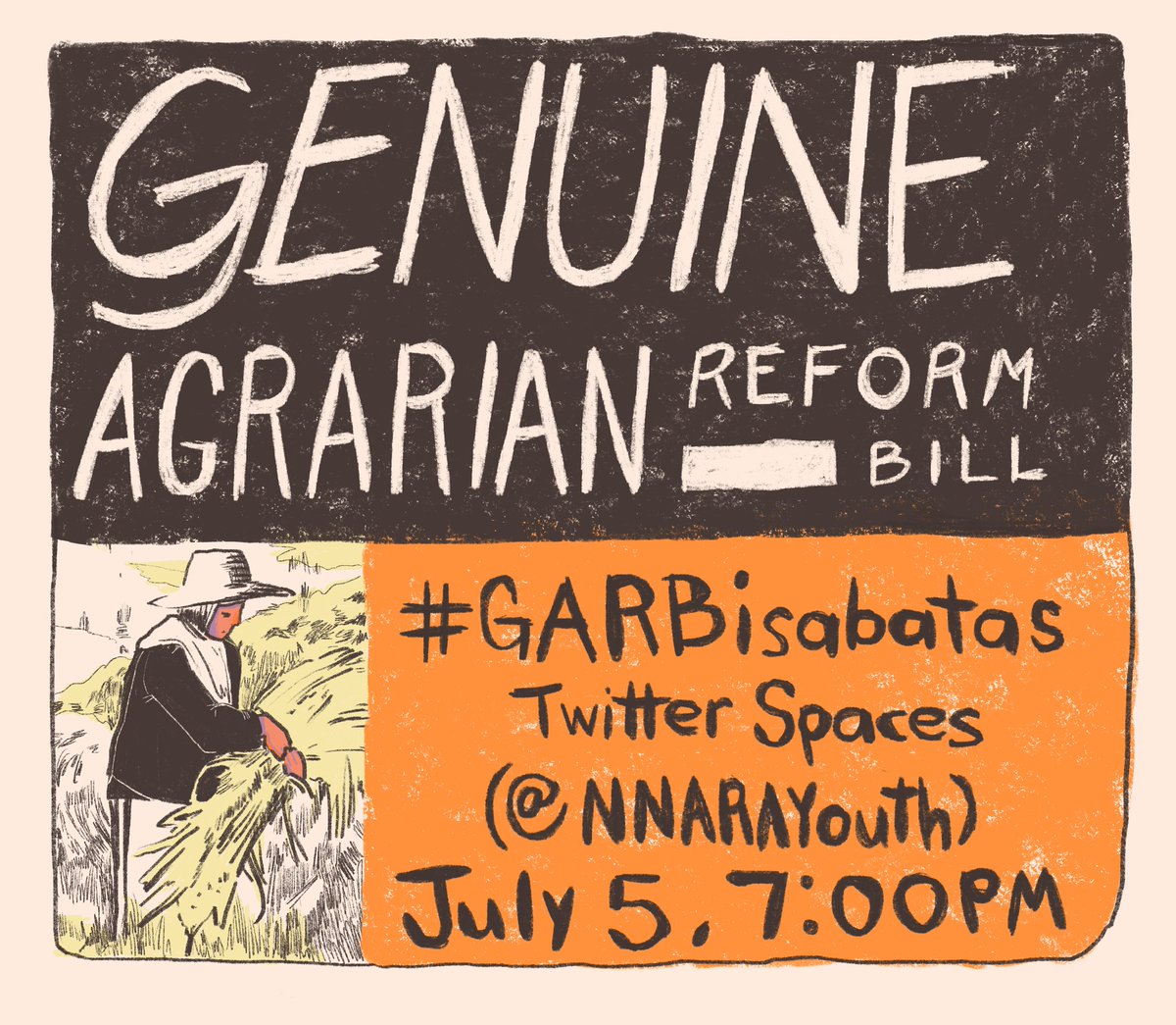 Join us on #GARBisabatas Twitter Spaces tomorrow at 7pm for a discussion on the Genuine Agrarian Reform Bill with KMP Chairperson Emeritus Rafael "Ka Paeng" Mariano and Gabriela Women's Party Representative Arlene Brosas.

Set Reminder: ter.com/i/spaces/1lDGL… 

#LandToTheTillers